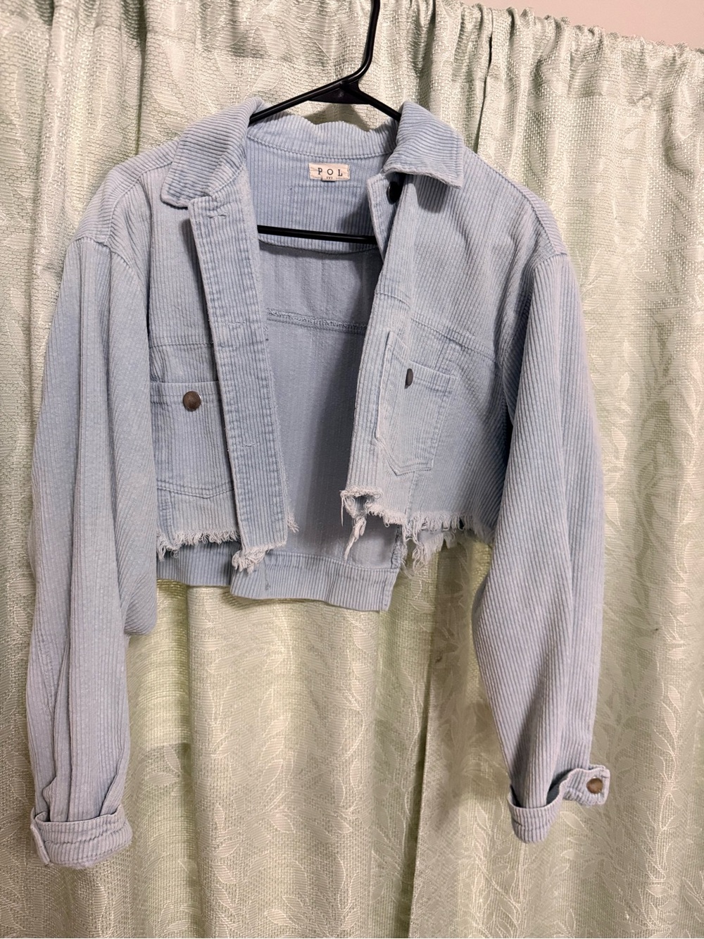 POL Light Blue Cropped Corduroy Jacket with Frayed Hem